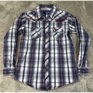 Cowboy Hardware Western Snap Shirt‎ Women XL Blue Plaid Barbed Wire Embroidered
